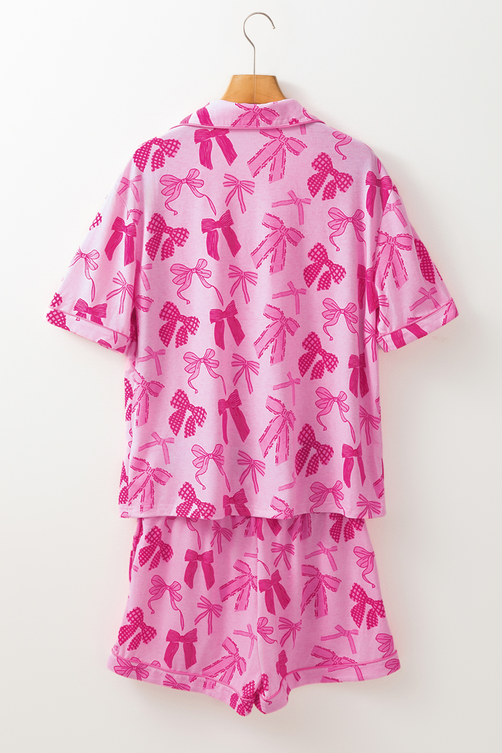 Women's Pink Bow Print Half Sleeve Shirt and Shorts Pajamas Set - Detail View 9 Women's Pink Bow Print Half Sleeve Shirt and Shorts Pajamas Set - Detail View 9