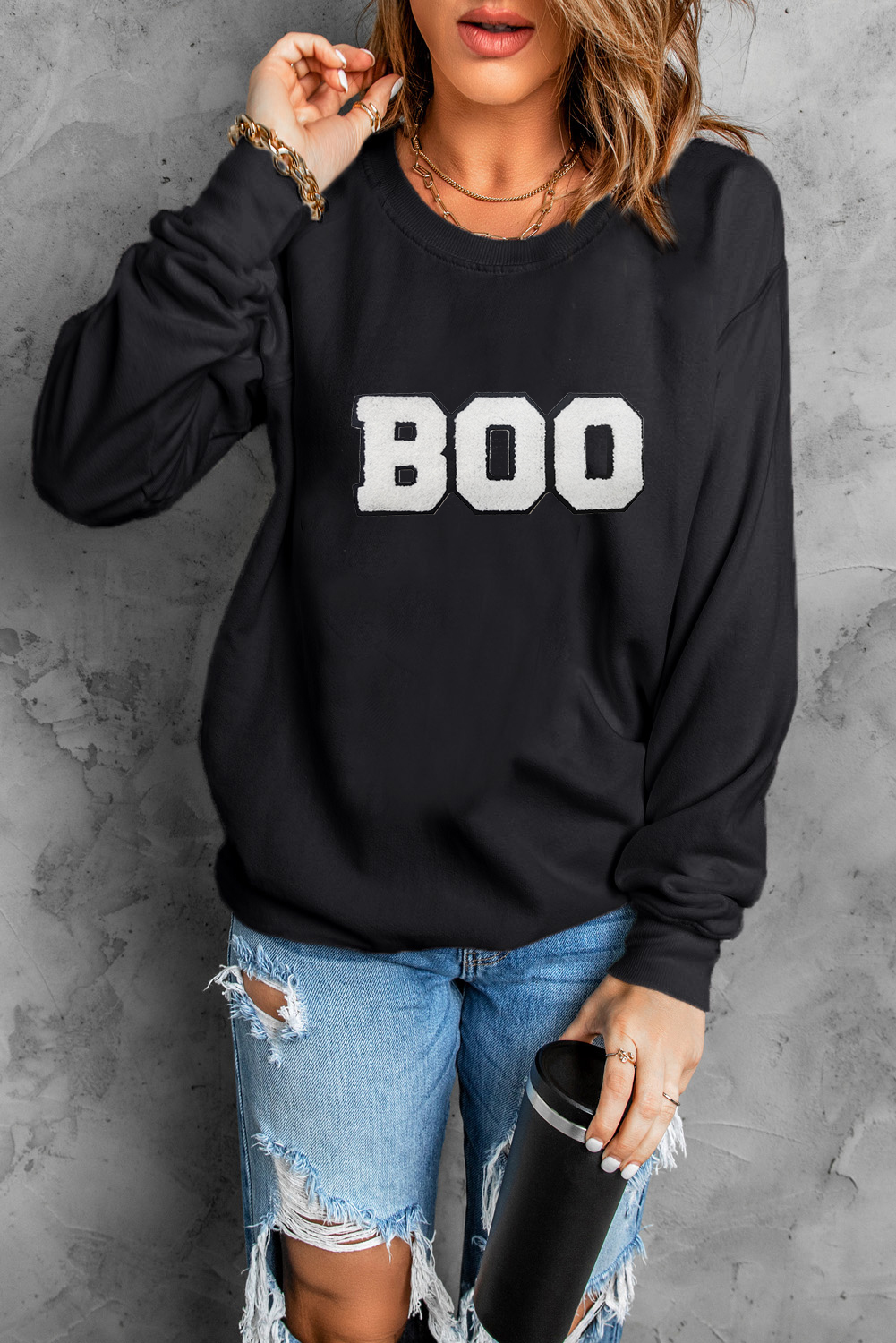 Women's Black Chenille BOO Patched Pattern Crewneck Sweatshirt - Detail View 6 Women's Black Chenille BOO Patched Pattern Crewneck Sweatshirt - Detail View 6