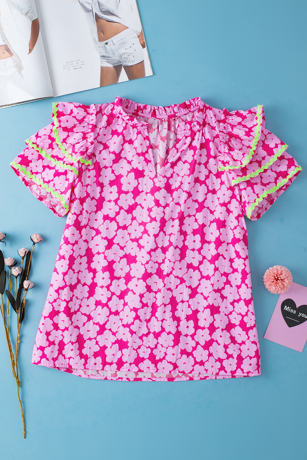 Women's Blouse, Pink Floral, V-Neck, Ruffle Sleeve, Ric Rac Detail, Short Sleeve, 100% Cotton, Casual, Dressy, Summer Wear, Elegant, Chic, Versatile, Tops, Blouses & Shirts - Detail View 10 Women's Blouse, Pink Floral, V-Neck, Ruffle Sleeve, Ric Rac Detail, Short Sleeve, 100% Cotton, Casual, Dressy, Summer Wear, Elegant, Chic, Versatile, Tops, Blouses & Shirts - Detail View 10