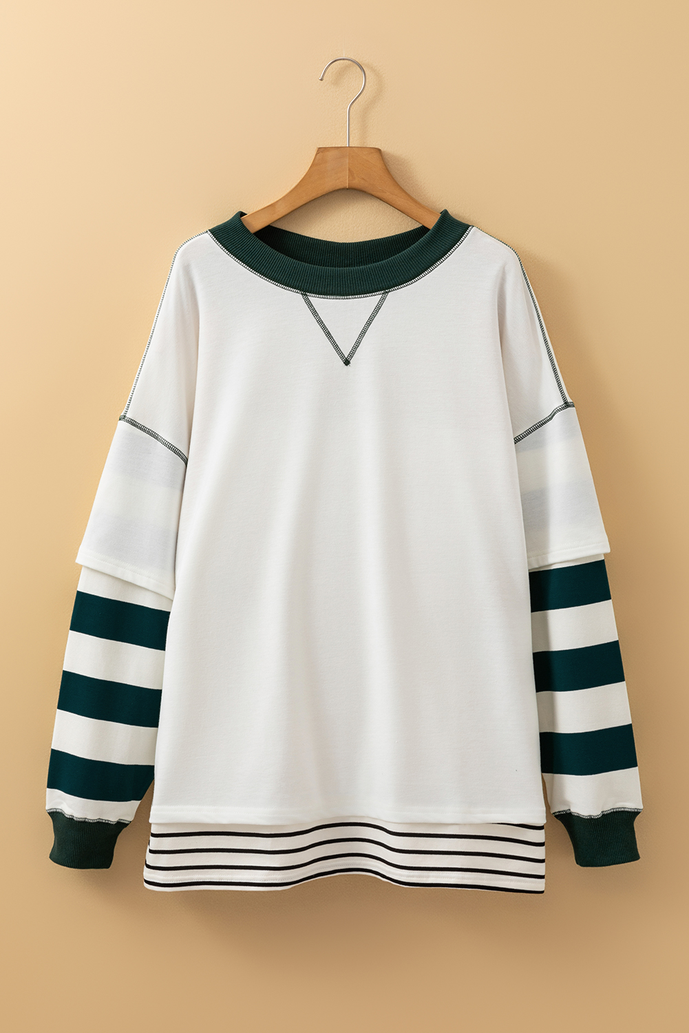 Chic Fake Layered Design Sweatshirt for Daily Wear - White Stripe Pattern - Detail View 3 Chic Fake Layered Design Sweatshirt for Daily Wear - White Stripe Pattern - Detail View 3