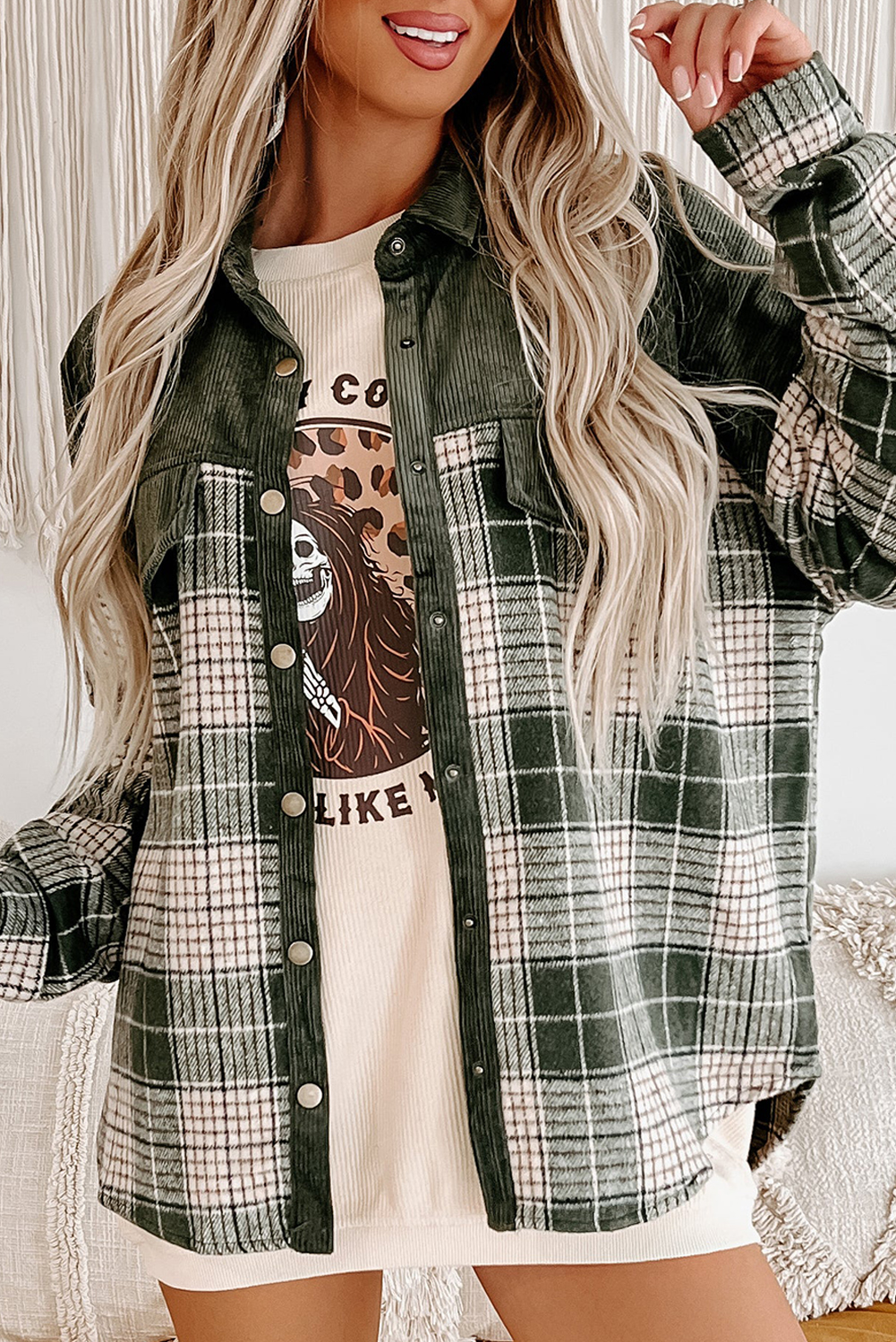 Trendy Corduroy Patchwork Plaid Jacket - Blackish Green - Detail View 2 Trendy Corduroy Patchwork Plaid Jacket - Blackish Green - Detail View 2