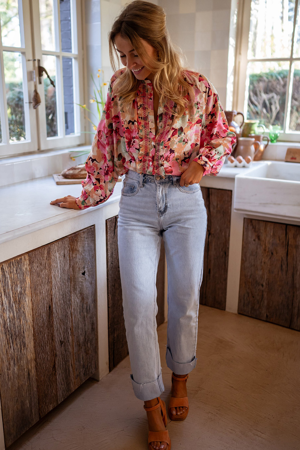 Women's Red Floral Print Ruffled Stitch Loose Fit Shirt - Detail View 6 Women's Red Floral Print Ruffled Stitch Loose Fit Shirt - Detail View 6