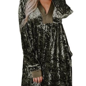 Women's Jungle Green Velvet Long Sleeve V Neck Loose Dress with Pockets - Main View
