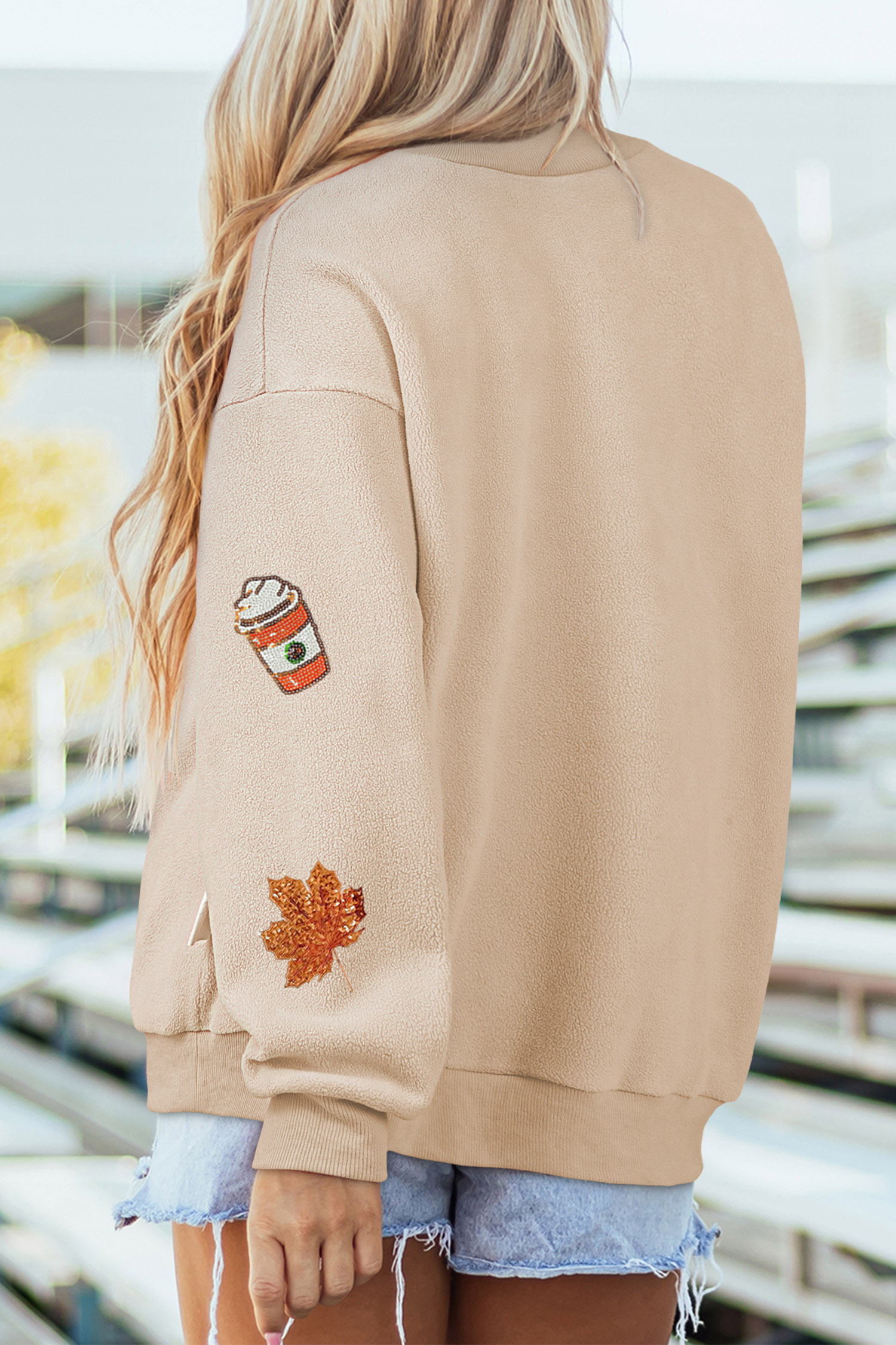 Fall Sequin Coffee Patch Sweatshirt, Cozy Long Sleeve Top - Detail View 2 Fall Sequin Coffee Patch Sweatshirt, Cozy Long Sleeve Top - Detail View 2