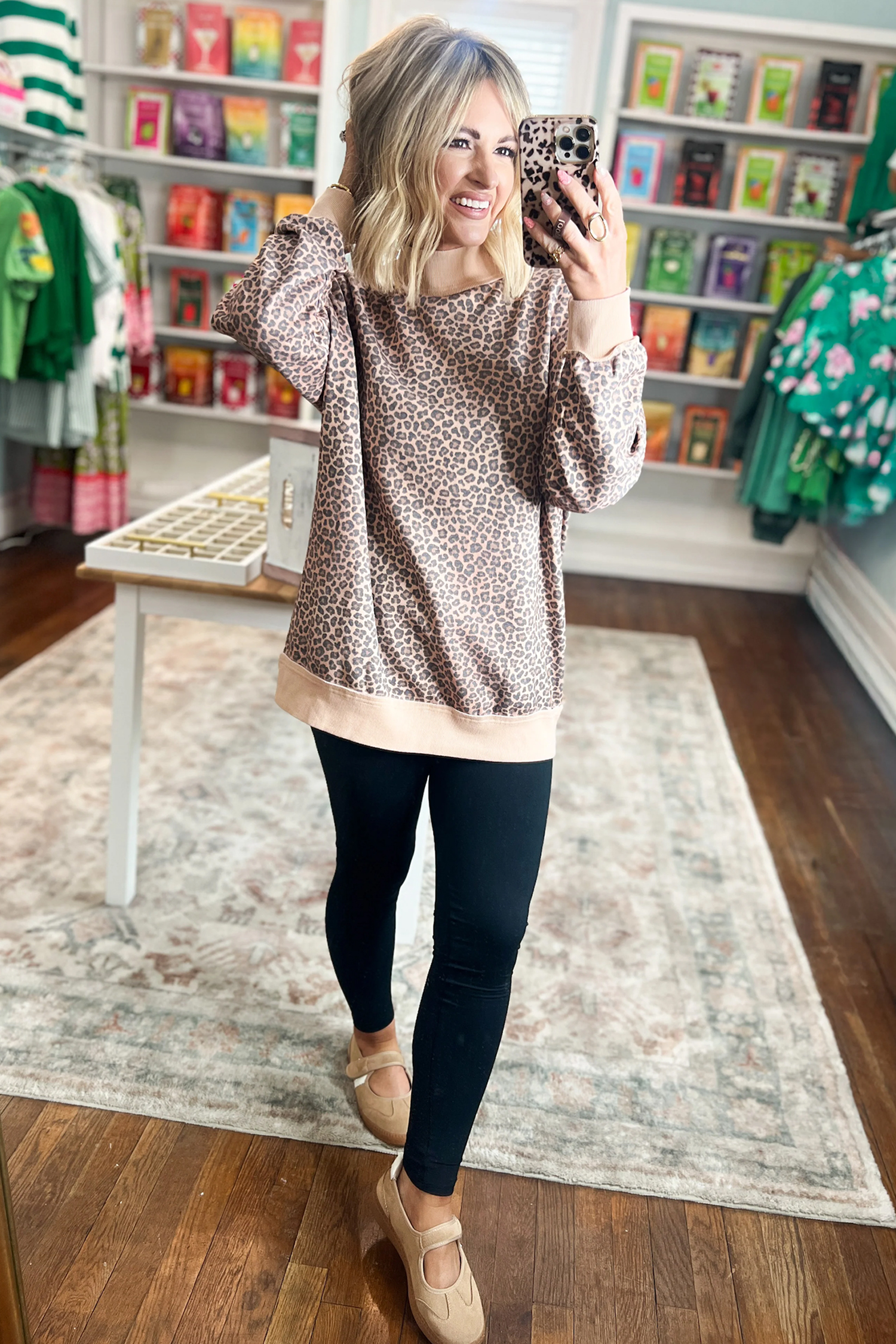Chic Leopard Print Long Sleeve, Ribbed Cuff Mock Neck Shirt - Detail View 3 Chic Leopard Print Long Sleeve, Ribbed Cuff Mock Neck Shirt - Detail View 3