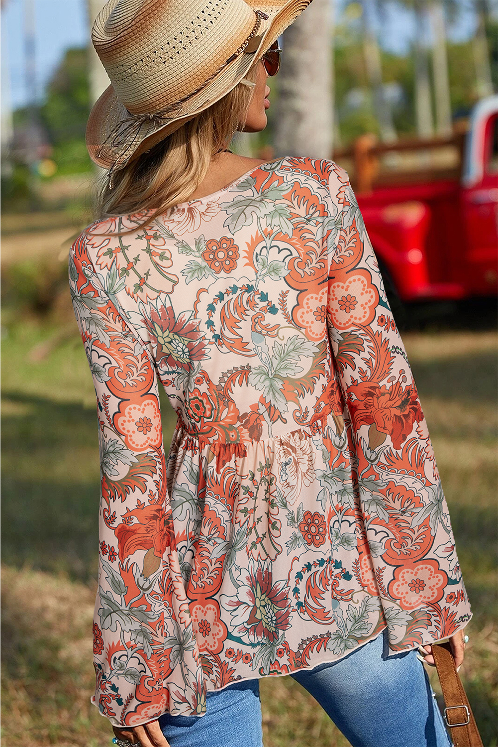 Stylish Long Sleeve Floral Blouse with Deep V Neck and Knot Detail for Spring - Detail View 2 Stylish Long Sleeve Floral Blouse with Deep V Neck and Knot Detail for Spring - Detail View 2