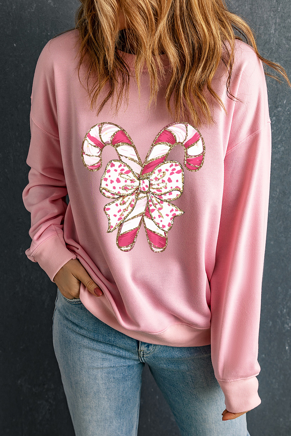Women's Sweatshirt, Pink Christmas, Candy Cane Graphic, Bow Detail, Drop Shoulder, Crew Neck, Long Sleeve, Holiday Wear, Casual Style, Comfortable, Festive, Cozy, Daily Wear, Graphic Sweatshirts - Detail View 8 Women's Sweatshirt, Pink Christmas, Candy Cane Graphic, Bow Detail, Drop Shoulder, Crew Neck, Long Sleeve, Holiday Wear, Casual Style, Comfortable, Festive, Cozy, Daily Wear, Graphic Sweatshirts - Detail View 8