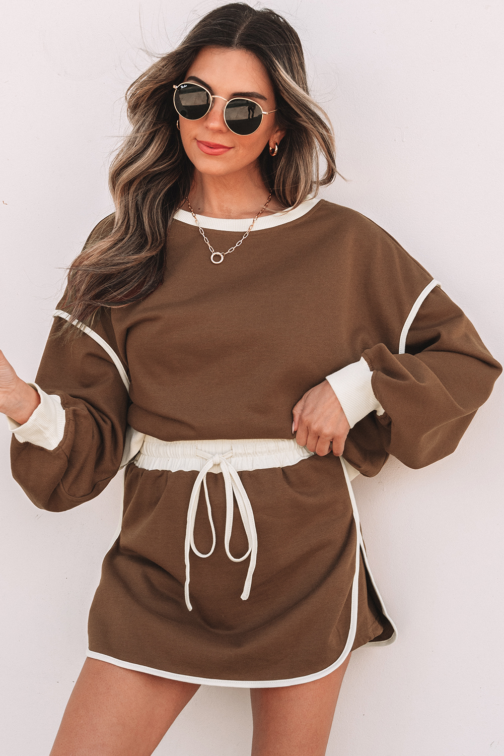 Contrast Trim Two Piece Set, Women's Long Sleeve Skort Suit - Detail View 2 Contrast Trim Two Piece Set, Women's Long Sleeve Skort Suit - Detail View 2