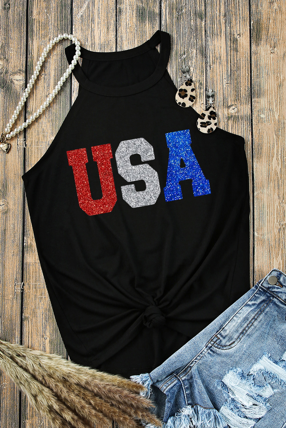 Women's USA Glitter Tank Top, Patriotic Sleeveless Casual Tee - Detail View 7 Women's USA Glitter Tank Top, Patriotic Sleeveless Casual Tee - Detail View 7