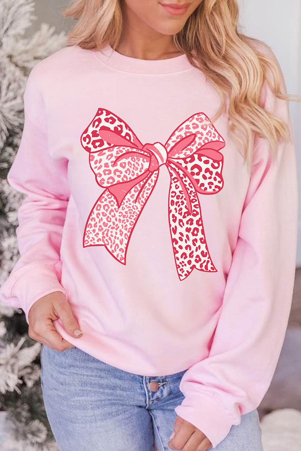 Stylish Long Sleeve Pullover: Pink Leopard Print with Bowknot Details - Detail View 2 Stylish Long Sleeve Pullover: Pink Leopard Print with Bowknot Details - Detail View 2