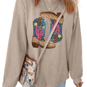 Women's Smoke Gray Cowboy Boots Graphic Corded Loose Fit Sweatshirt - Main View