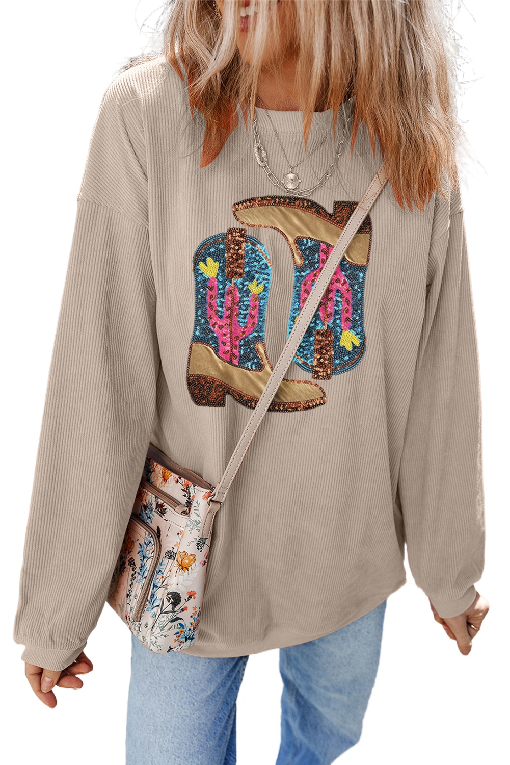 Women's Smoke Gray Cowboy Boots Graphic Corded Loose Fit Sweatshirt - Main View Women's Smoke Gray Cowboy Boots Graphic Corded Loose Fit Sweatshirt - Main View