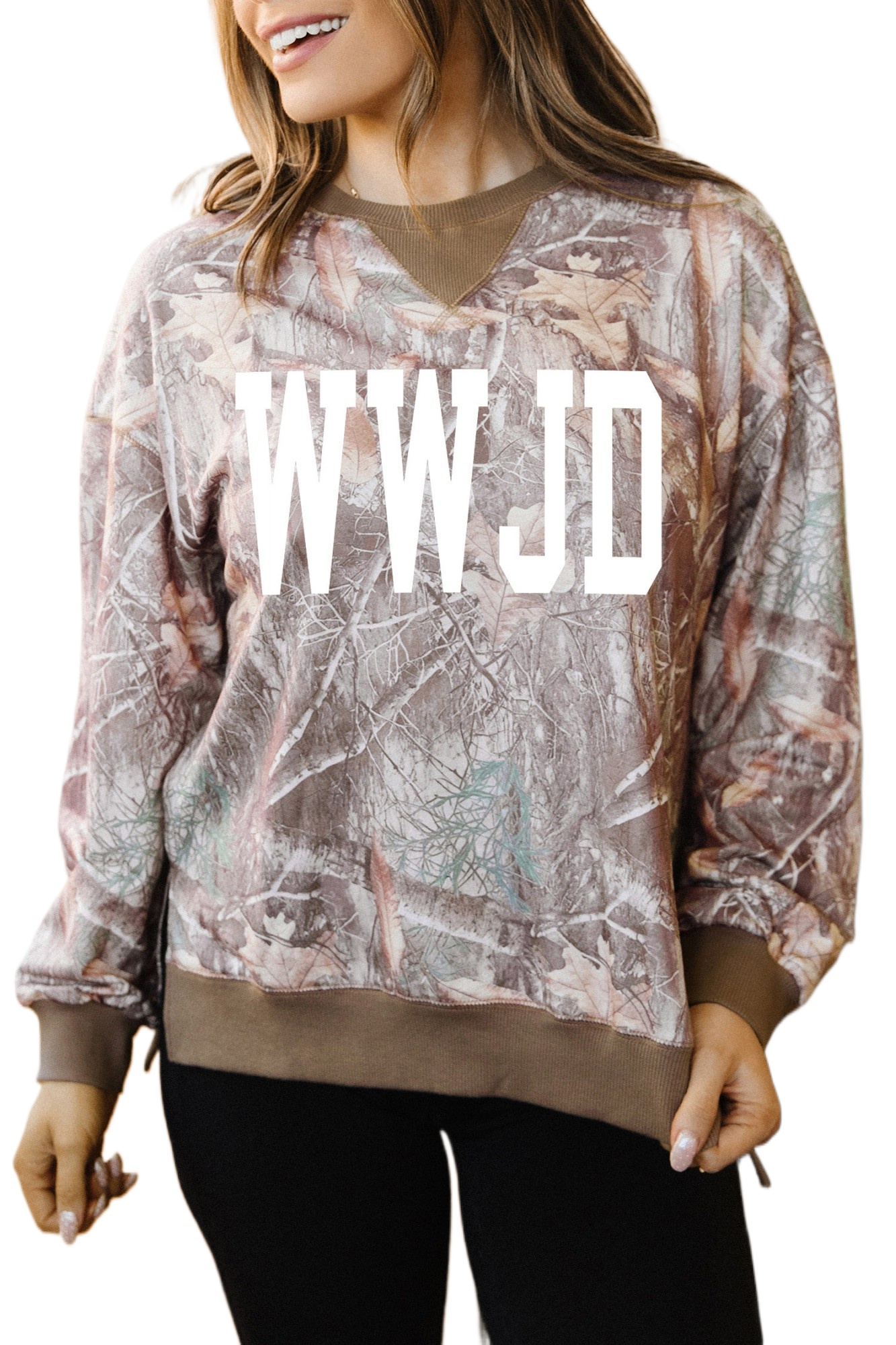 Women's Camo WWJD Sweatshirt, Casual Long Sleeve Crewneck - Main View Women's Camo WWJD Sweatshirt, Casual Long Sleeve Crewneck - Main View