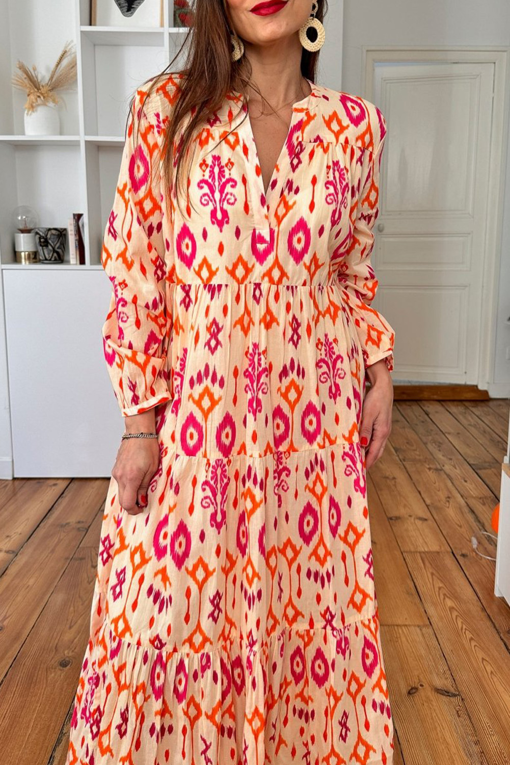 Breathtaking Orange Abstract Geometric Print Maxi Dress with Notched V Neckline - Detail View 2 Breathtaking Orange Abstract Geometric Print Maxi Dress with Notched V Neckline - Detail View 2
