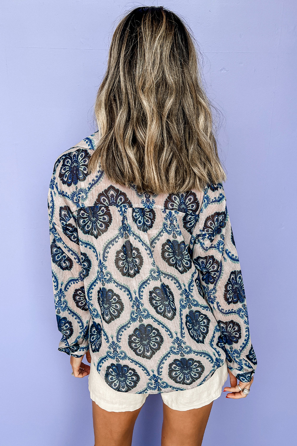 Boho Chic Long Sleeve Top - Blue Tribal Pattern with Relaxed Fit - Detail View 3 Boho Chic Long Sleeve Top - Blue Tribal Pattern with Relaxed Fit - Detail View 3