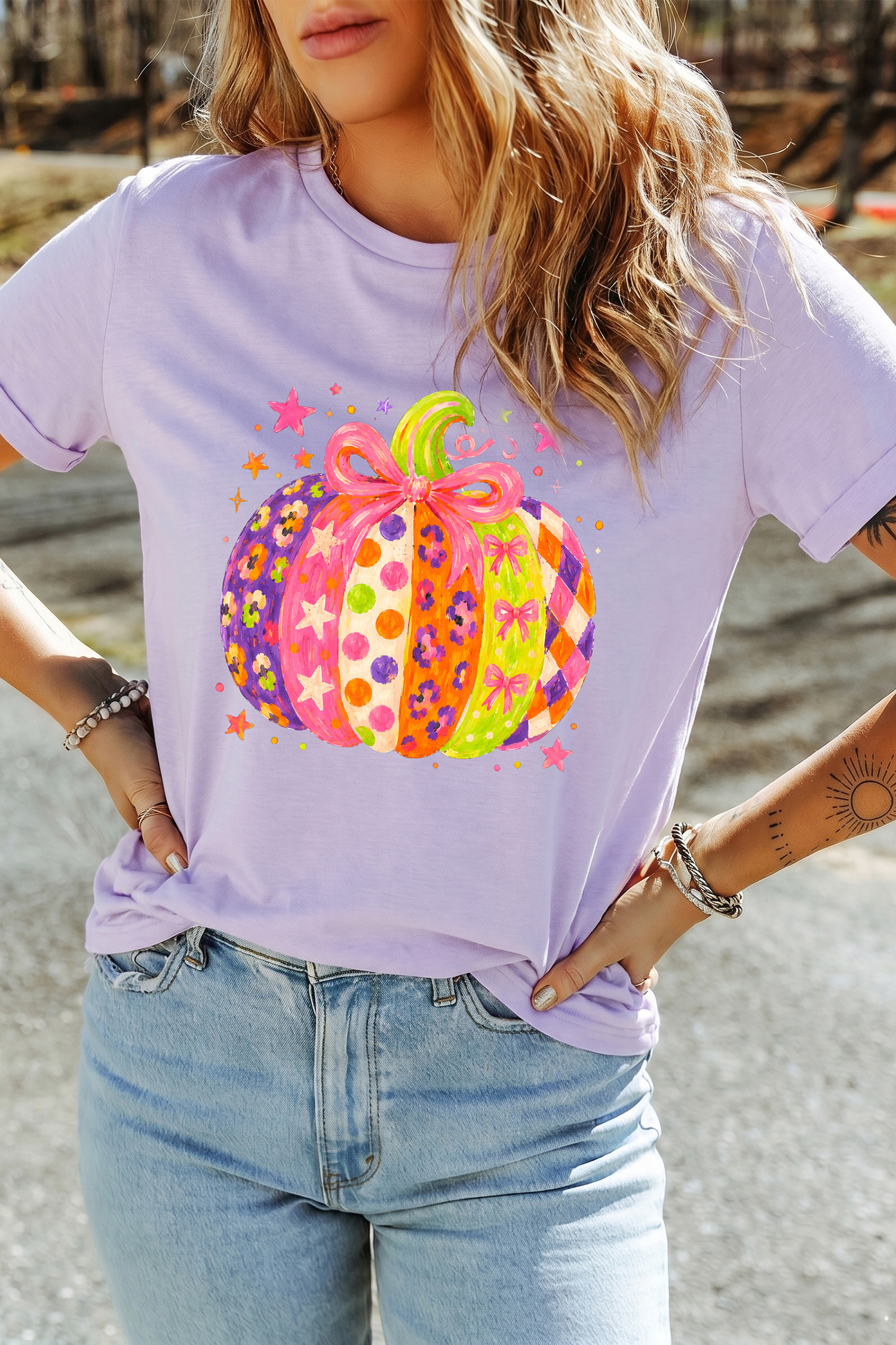 Halloween Pumpkin Graphic Shirt, Cute Orchid Petal Tee - Detail View 5 Halloween Pumpkin Graphic Shirt, Cute Orchid Petal Tee - Detail View 5