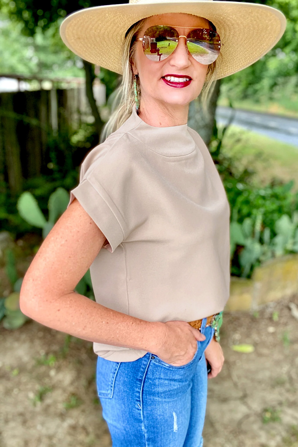 Women's Casual Mock Neck Top, Soft Short Sleeve Shift Blouse - Detail View 3 Women's Casual Mock Neck Top, Soft Short Sleeve Shift Blouse - Detail View 3