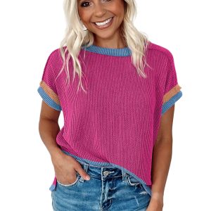 Women's Ribbed Knit T Shirt, Bright Pink Colorblock Casual Top - Main View