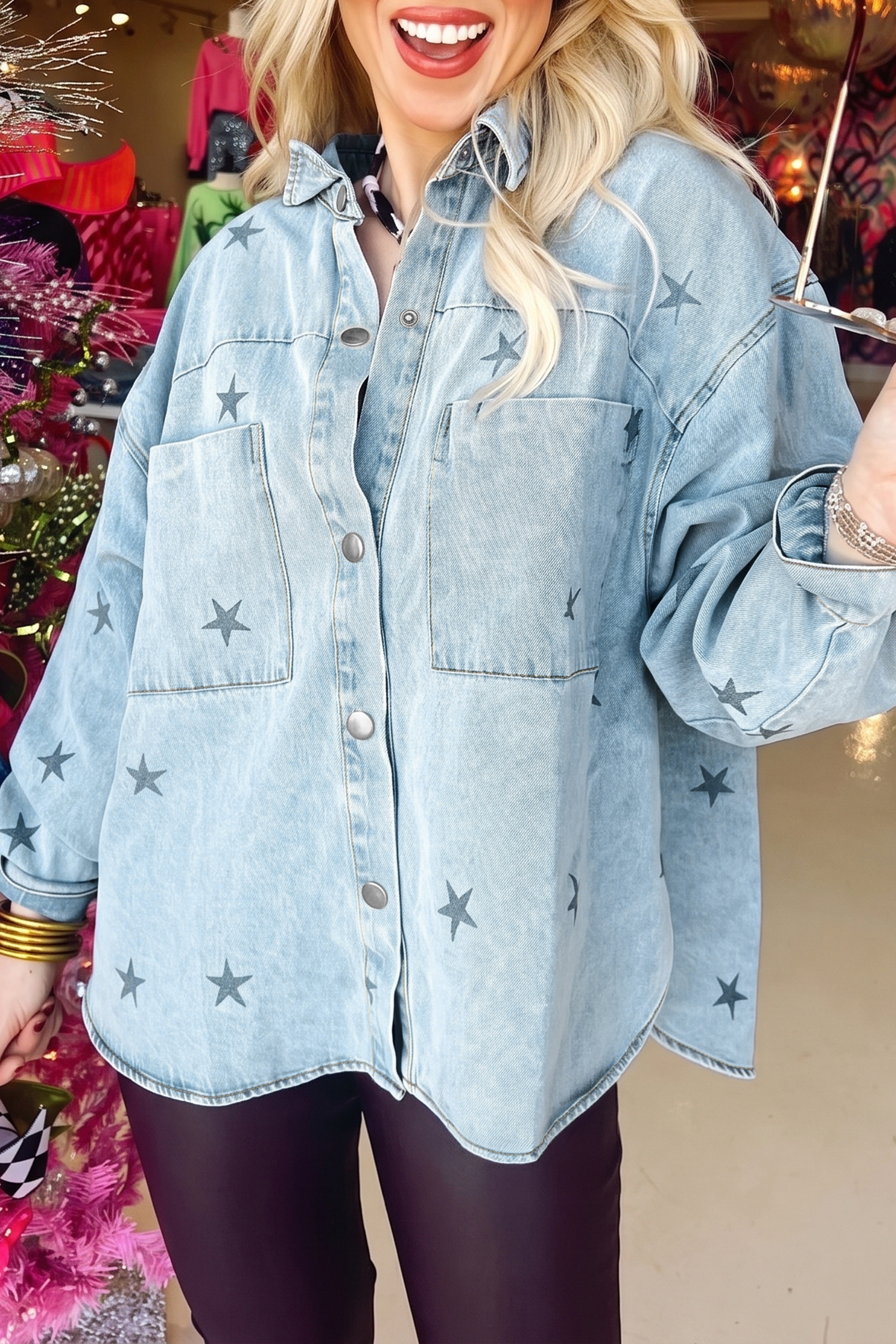 Sky Blue Denim Shirt Jacket, Trendy Star Pattern Outerwear - Detail View 5 Sky Blue Denim Shirt Jacket, Trendy Star Pattern Outerwear - Detail View 5