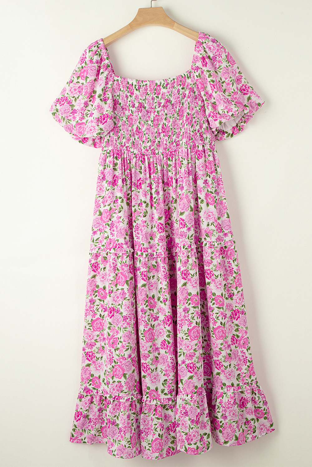 Elevate your style with this elegant Women's Pink Plus Size Floral Print Smocked Puff Sleeve Maxi Dress. Tailored for a comfortable and flattering plus-size fit, this maxi dress exudes grace and sophistication. The smocked panel offers a stylish and comfortable fit, while the square neck adds a touch of sophistication to the dress. Made from high-quality 100% polyester, this dress is perfect for outdoor occasions, vacations, weddings, and formal events during the summer season. The puff sleeves and A-line silhouette add a romantic and feminine touch, making it an ideal choice for various occasions. With its long length and high waistline, this dress enhances your figure and provides a chic and fashionable look. Available in a beautiful pink color with a multicolor floral print, this dress offers a variety of options for elegant and stylish ensembles. Embrace elegance and comfort with this stunning pink plus-size dress. - Detail View 9 Elevate your style with this elegant Women's Pink Plus Size Floral Print Smocked Puff Sleeve Maxi Dress. Tailored for a comfortable and flattering plus-size fit, this maxi dress exudes grace and sophistication. The smocked panel offers a stylish and comfortable fit, while the square neck adds a touch of sophistication to the dress. Made from high-quality 100% polyester, this dress is perfect for outdoor occasions, vacations, weddings, and formal events during the summer season. The puff sleeves and A-line silhouette add a romantic and feminine touch, making it an ideal choice for various occasions. With its long length and high waistline, this dress enhances your figure and provides a chic and fashionable look. Available in a beautiful pink color with a multicolor floral print, this dress offers a variety of options for elegant and stylish ensembles. Embrace elegance and comfort with this stunning pink plus-size dress. - Detail View 9