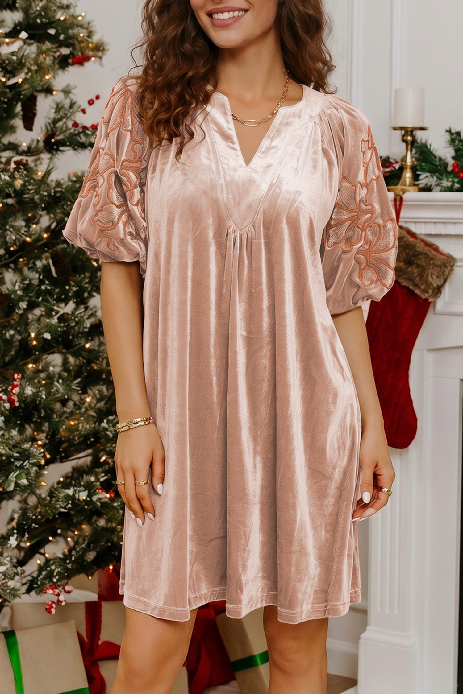 Autumn Velvet Shift Dress, Embroidered Sleeve Daily Mini - Detail View 3 Autumn Velvet Shift Dress, Embroidered Sleeve Daily Mini - Detail View 3