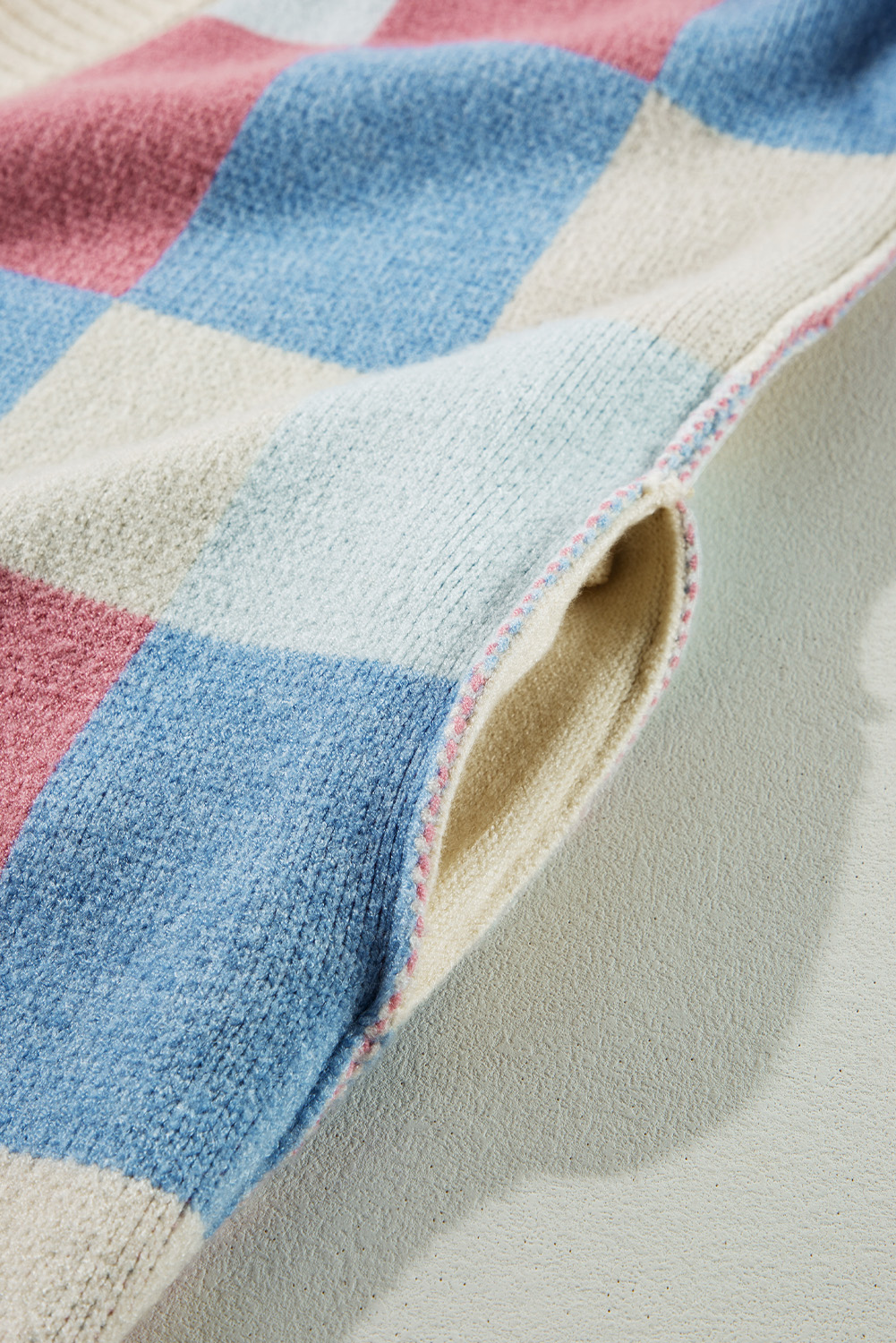 Women's Light Blue Checkered Drop Shoulder Cardigan - Detail View 11 Women's Light Blue Checkered Drop Shoulder Cardigan - Detail View 11