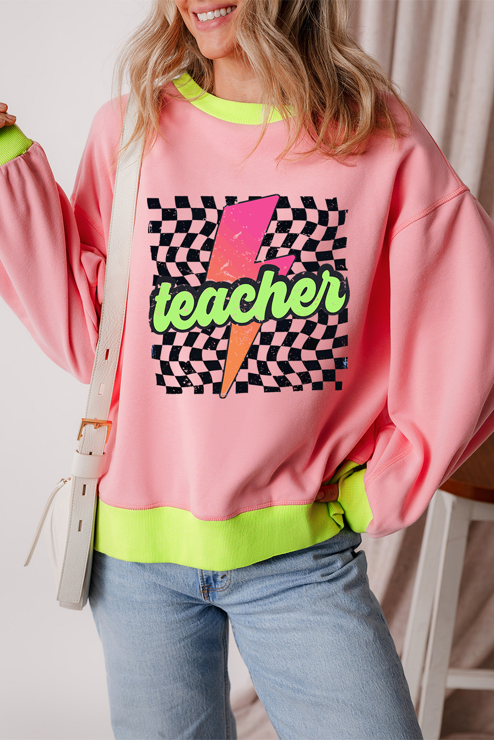 Women's Pink Teacher Lightning Checkered Print Color Block Sweatshirt - Detail View 6 Women's Pink Teacher Lightning Checkered Print Color Block Sweatshirt - Detail View 6