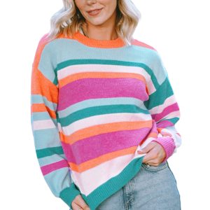 Women's Striped Knit Sweater, Colorful Long Sleeve Pullover - Main View