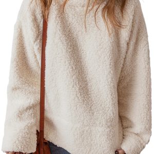 Women's White Solid Fleece High Neck Drop Shoulder Pullover Sweatshirt - Main View