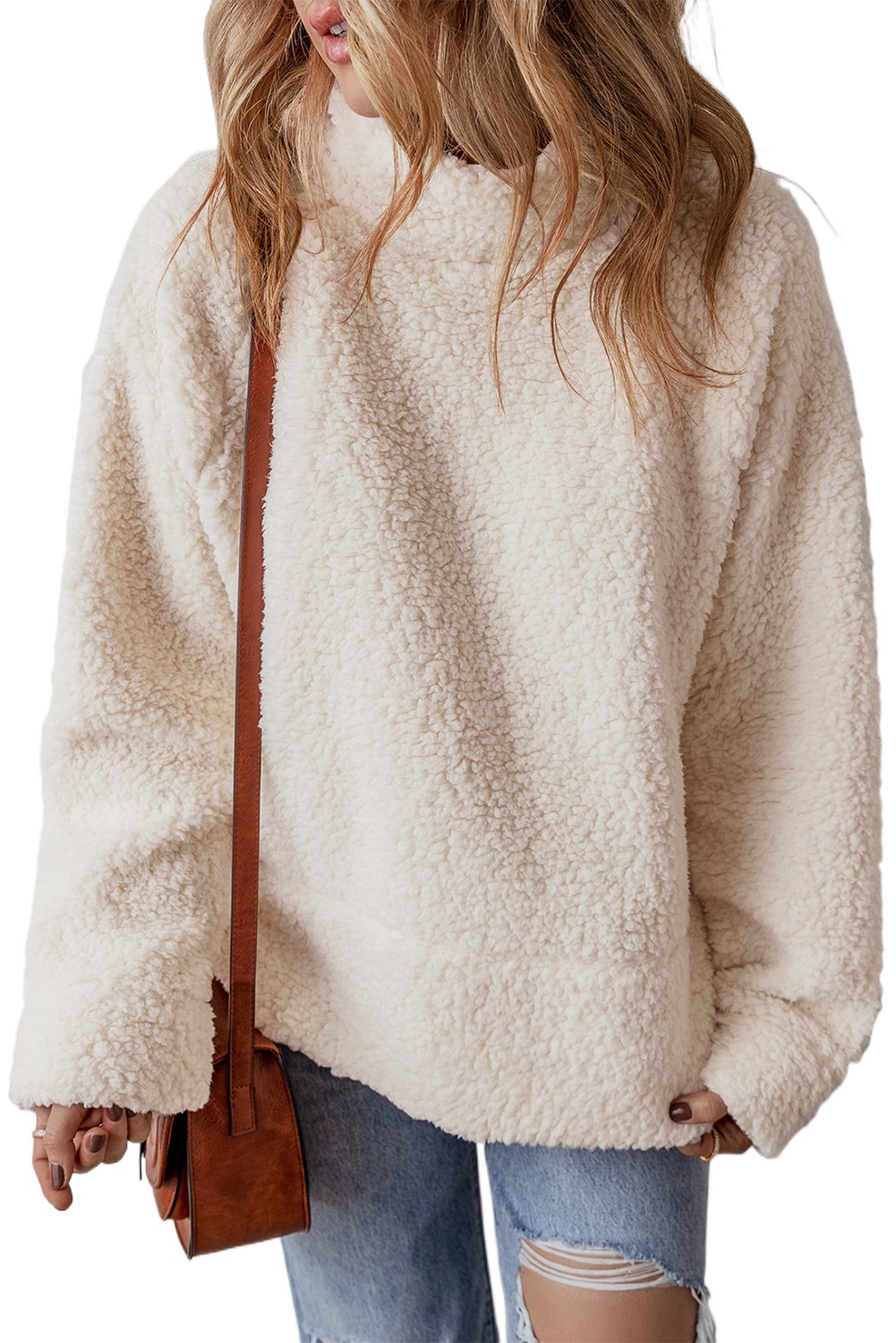 Women's White Solid Fleece High Neck Drop Shoulder Pullover Sweatshirt - Main View Women's White Solid Fleece High Neck Drop Shoulder Pullover Sweatshirt - Main View