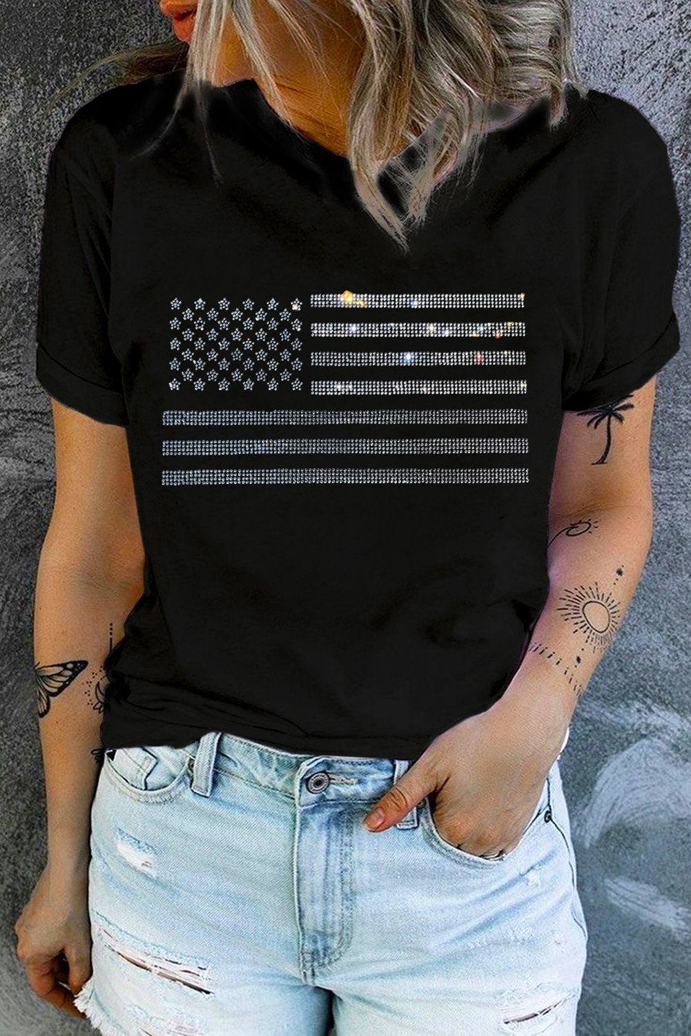 Classic Crew Neck Short Sleeve T-Shirt with American Flag Rhinestone Pattern - Detail View 3 Classic Crew Neck Short Sleeve T-Shirt with American Flag Rhinestone Pattern - Detail View 3