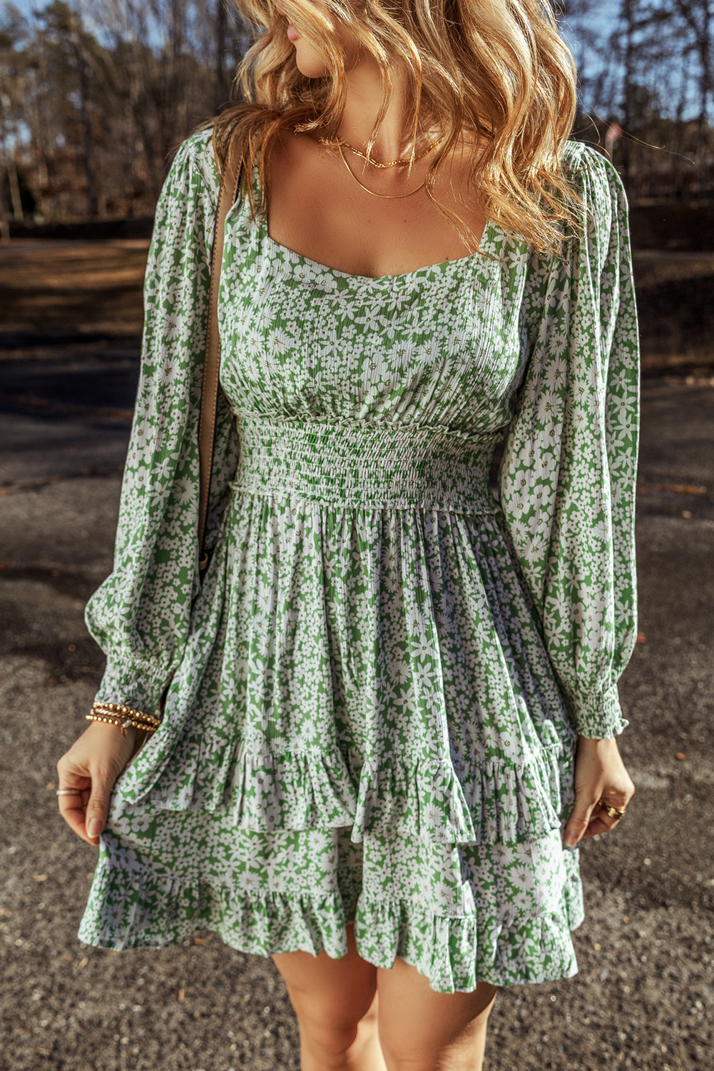 Women's Green Floral Print Square Neck Shirred Waist Ruffled Mini Dress - Detail View 6 Women's Green Floral Print Square Neck Shirred Waist Ruffled Mini Dress - Detail View 6