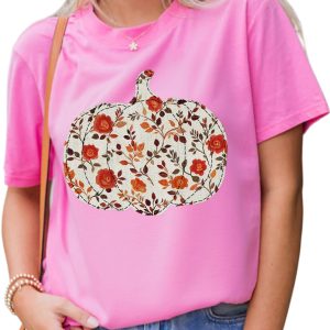 Women's Floral Pumpkin T Shirt, Sachet Pink Casual Short Sleeve - Main View