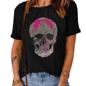 Women's Black Rhinestone Skull Graphic Crew Neck T-Shirt - Main View