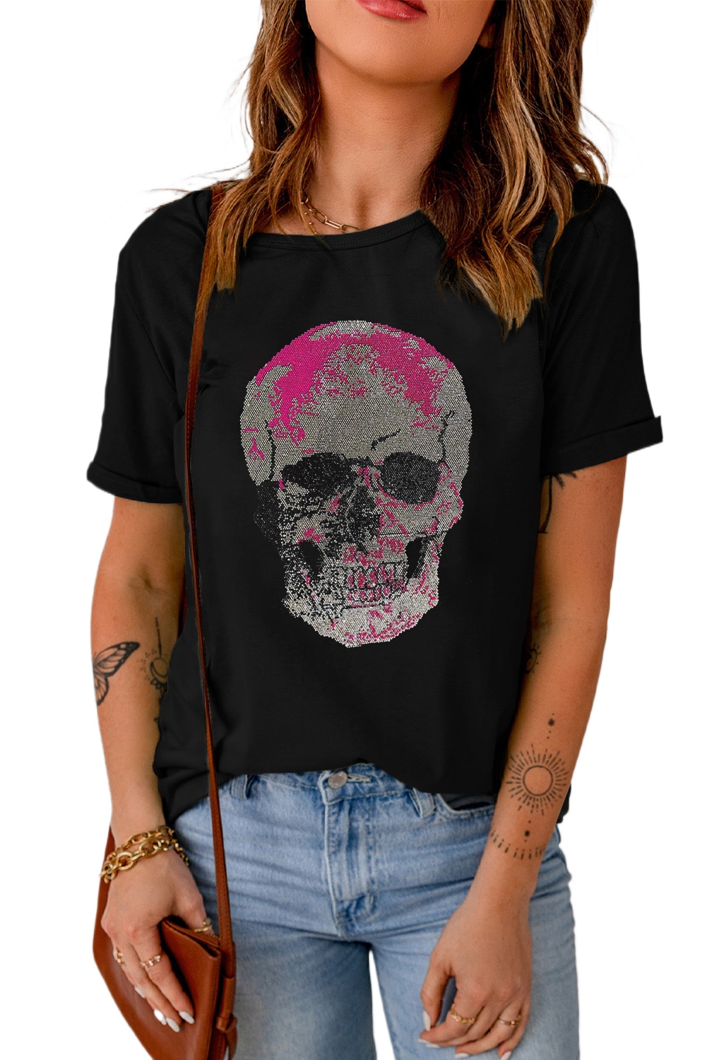 Women's Black Rhinestone Skull Graphic Crew Neck T-Shirt - Main View Women's Black Rhinestone Skull Graphic Crew Neck T-Shirt - Main View