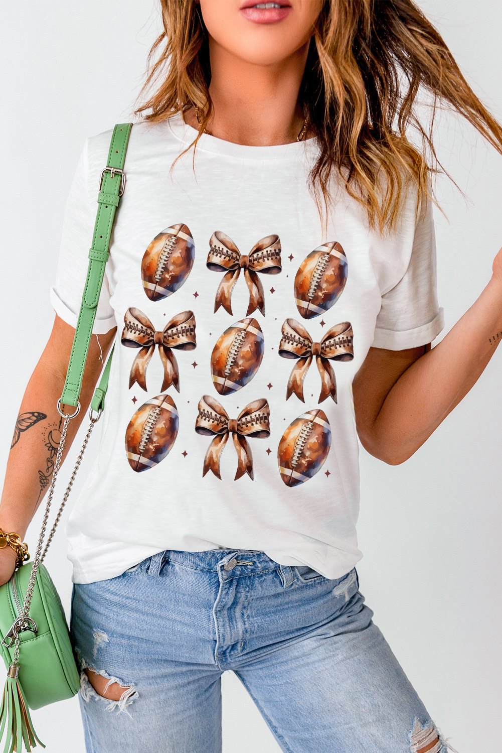 Women's T-Shirt, White Graphic Tee, Rugby Football, Bow Print, Game Day, Casual Style, Short Sleeve, Comfortable Fabric, Daily Wear, Crew Neck, Summer Fashion, Athletic Wear, Chic Design, Best Sellers, Geometric Pattern - Detail View 8 Women's T-Shirt, White Graphic Tee, Rugby Football, Bow Print, Game Day, Casual Style, Short Sleeve, Comfortable Fabric, Daily Wear, Crew Neck, Summer Fashion, Athletic Wear, Chic Design, Best Sellers, Geometric Pattern - Detail View 8