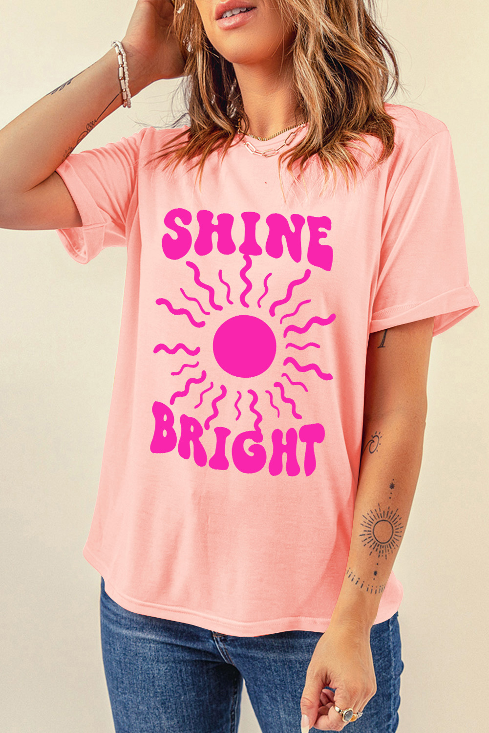 Women's Shine Bright Graphic Tee, Casual Pink Summer Knit - Detail View 10 Women's Shine Bright Graphic Tee, Casual Pink Summer Knit - Detail View 10