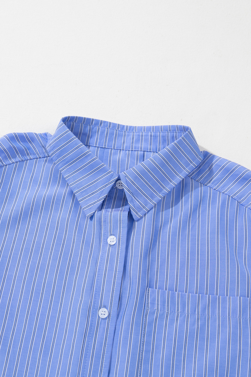 Women's Blue Stripe Oversized Button Up Casual Tunic Shirt - Detail View 11 Women's Blue Stripe Oversized Button Up Casual Tunic Shirt - Detail View 11