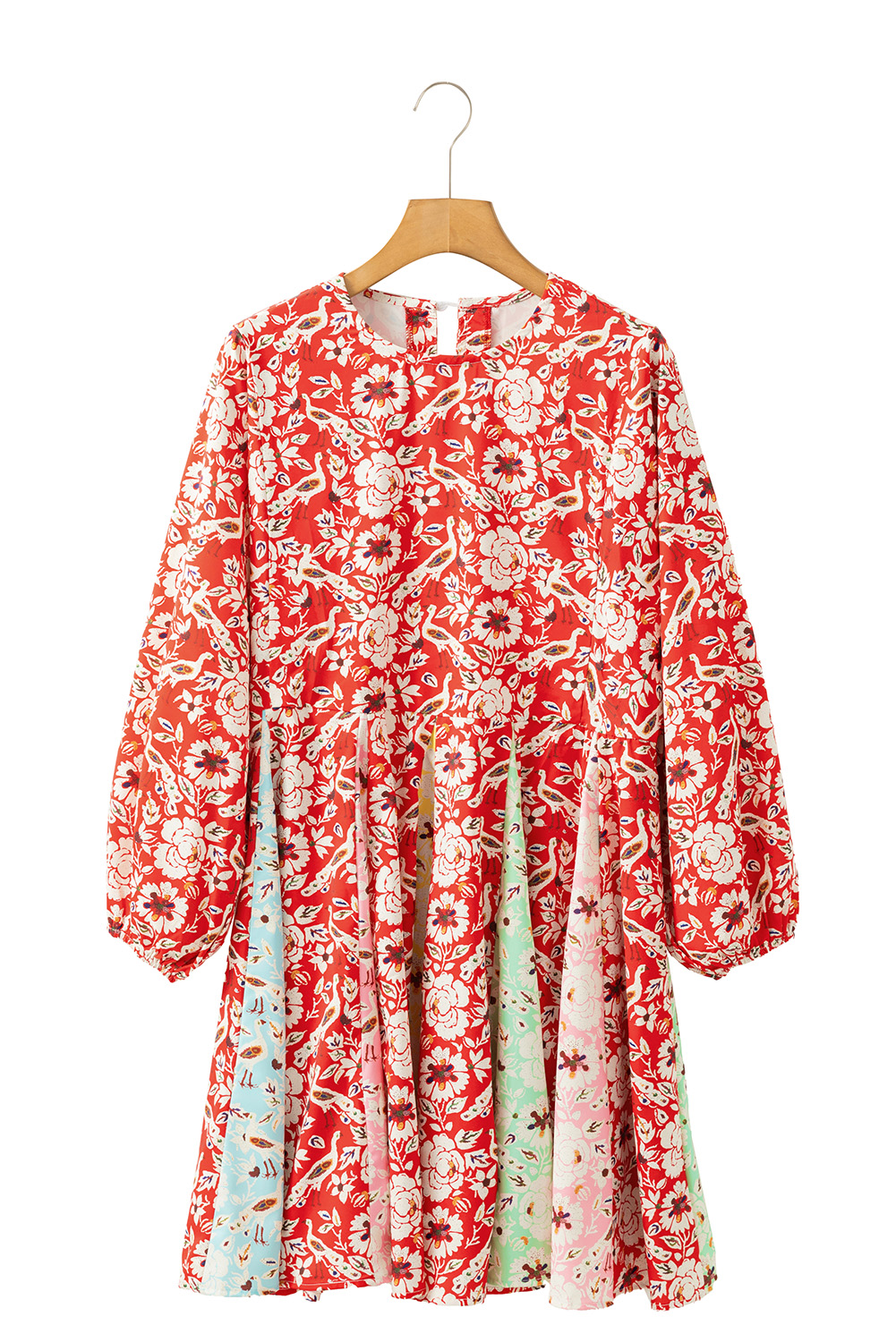Women's Dress, Red Dress, Floral Patchwork, Long Sleeve, Pleated Mini Dress, Bohemian Style, Elegant Design, Casual Chic, Spring Fashion, Crew Neck, A-Line Silhouette, Vacation Wear, Daily Style, Short Dress, Stylish Dress - Detail View 12 Women's Dress, Red Dress, Floral Patchwork, Long Sleeve, Pleated Mini Dress, Bohemian Style, Elegant Design, Casual Chic, Spring Fashion, Crew Neck, A-Line Silhouette, Vacation Wear, Daily Style, Short Dress, Stylish Dress - Detail View 12