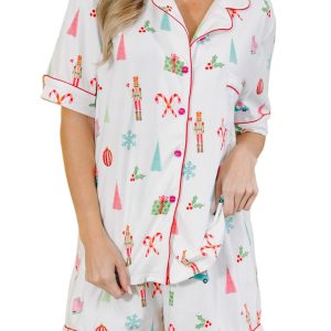 Women's White Christmas Print Short Sleeve Pajama Set - Main View