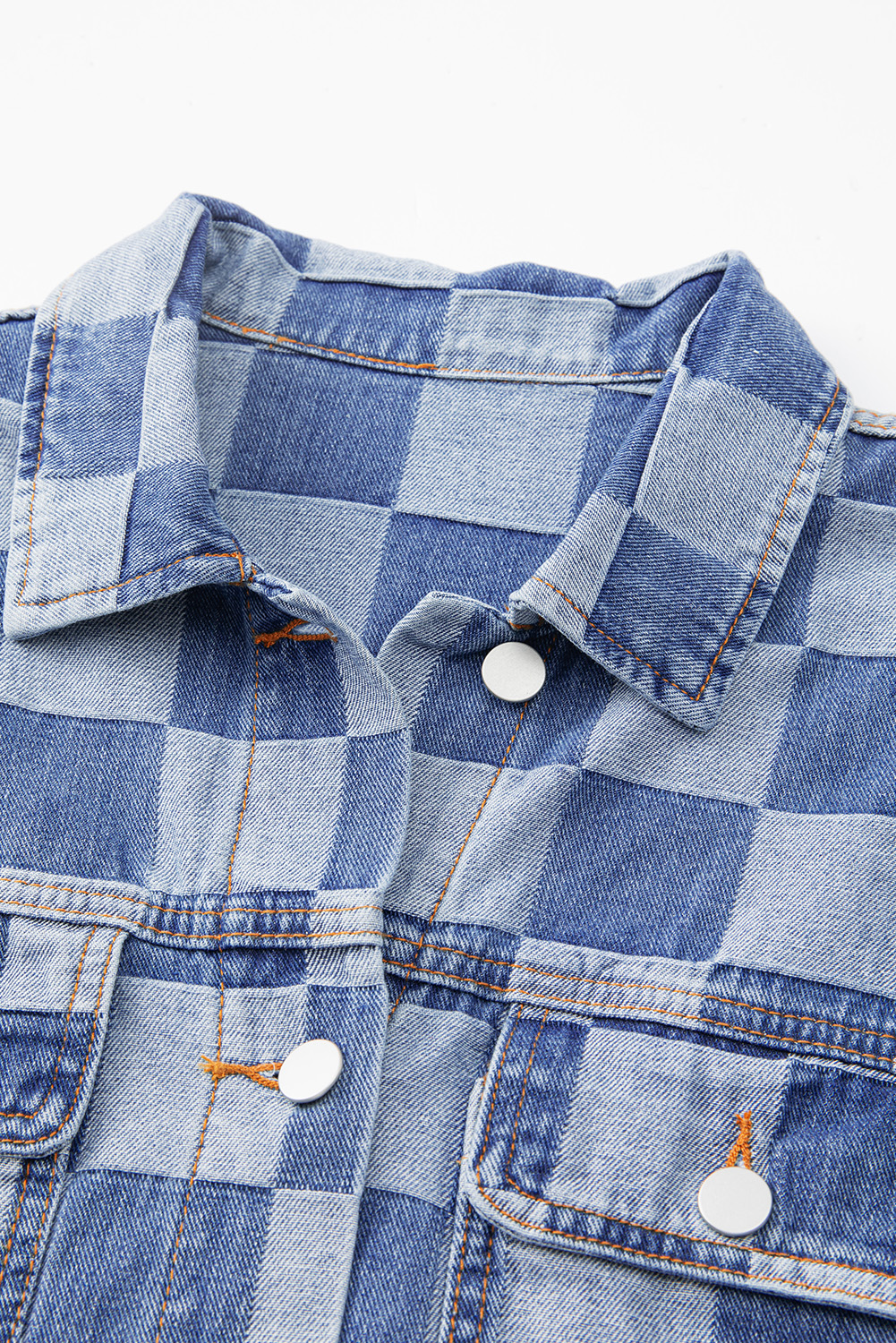 Women's Light Blue Checkered Patchwork Button-Up Denim Jacket - Detail View 16 Women's Light Blue Checkered Patchwork Button-Up Denim Jacket - Detail View 16