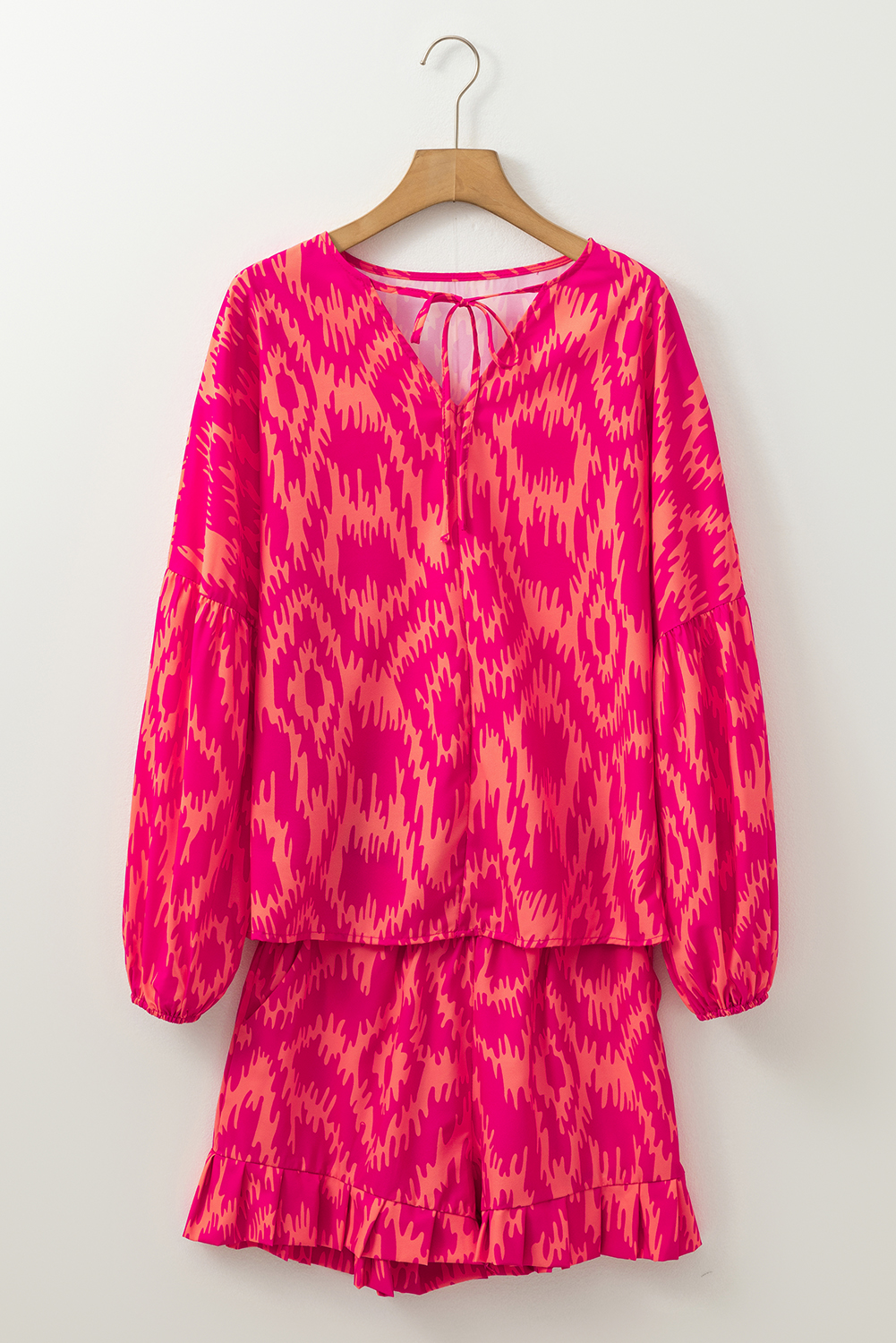 Chic Pink Bohemian Two-Piece Set: Ruffled Top with Bubble Sleeves and Matching Shorts - Detail View 10 Chic Pink Bohemian Two-Piece Set: Ruffled Top with Bubble Sleeves and Matching Shorts - Detail View 10