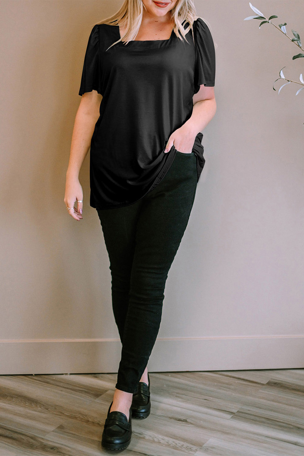 Black Plus Size Square Neck Tee, Casual Short Sleeve Shirt - Detail View 5 Black Plus Size Square Neck Tee, Casual Short Sleeve Shirt - Detail View 5