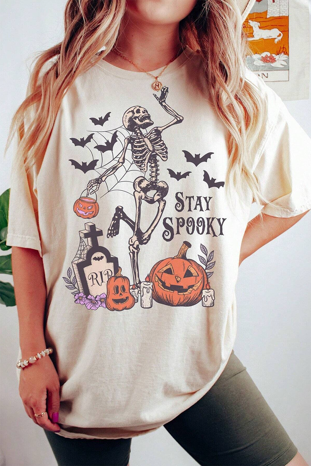 Spooky Graphic T-Shirt for Halloween Lovers - White Skull Pumpkin Face - Detail View 2 Spooky Graphic T-Shirt for Halloween Lovers - White Skull Pumpkin Face - Detail View 2