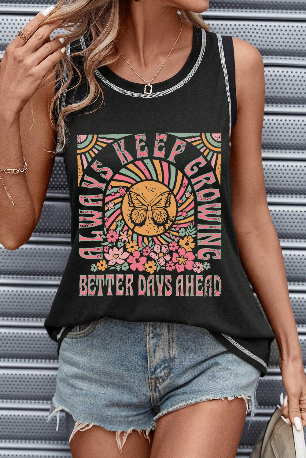 Casual Sleeveless Tank Top: Black Butterfly and Floral Print - Detail View 7 Casual Sleeveless Tank Top: Black Butterfly and Floral Print - Detail View 7