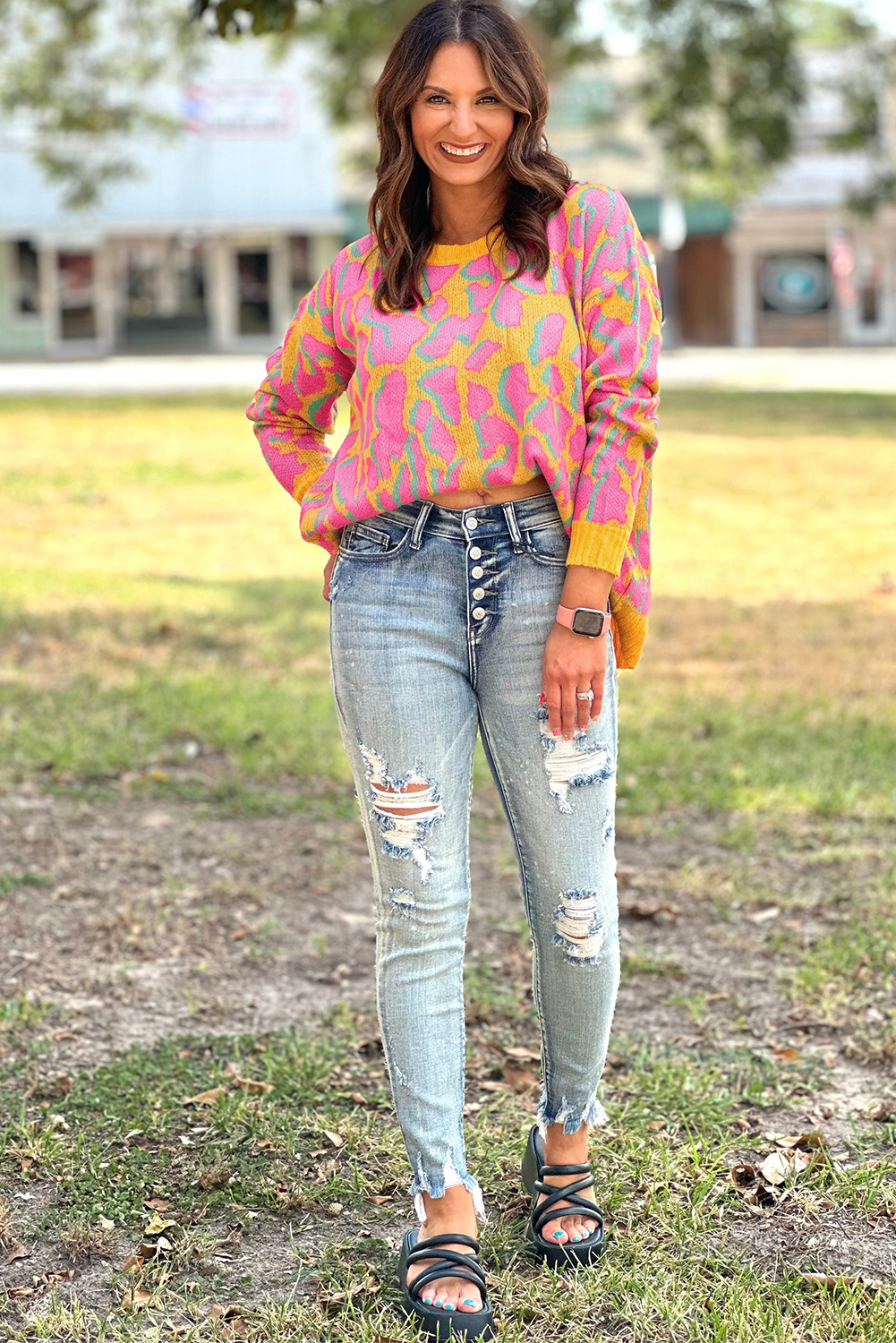 Casual Round Neck Sweater - Bold Abstract Print with Ribbed Trim - Detail View 8 Casual Round Neck Sweater - Bold Abstract Print with Ribbed Trim - Detail View 8