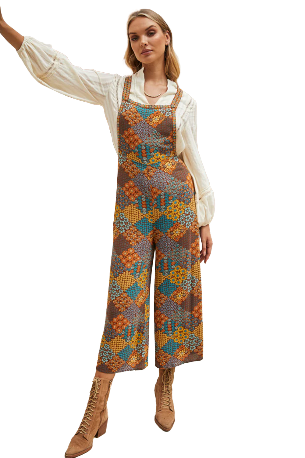 Women's Multicolour Boho Floral Print Crossed Straps Ankle-Length Jumpsuit - Main View Women's Multicolour Boho Floral Print Crossed Straps Ankle-Length Jumpsuit - Main View