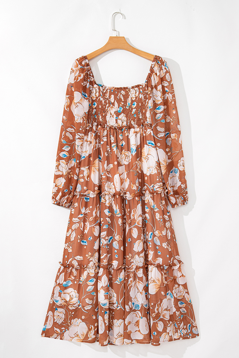 Elegant Long Sleeve Brown Floral Maxi Dress with Smocked Bodice - Detail View 6 Elegant Long Sleeve Brown Floral Maxi Dress with Smocked Bodice - Detail View 6