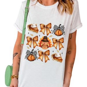 Women's White Cute Bowknot Thanksgiving Graphic Crewneck T-Shirt - Main View