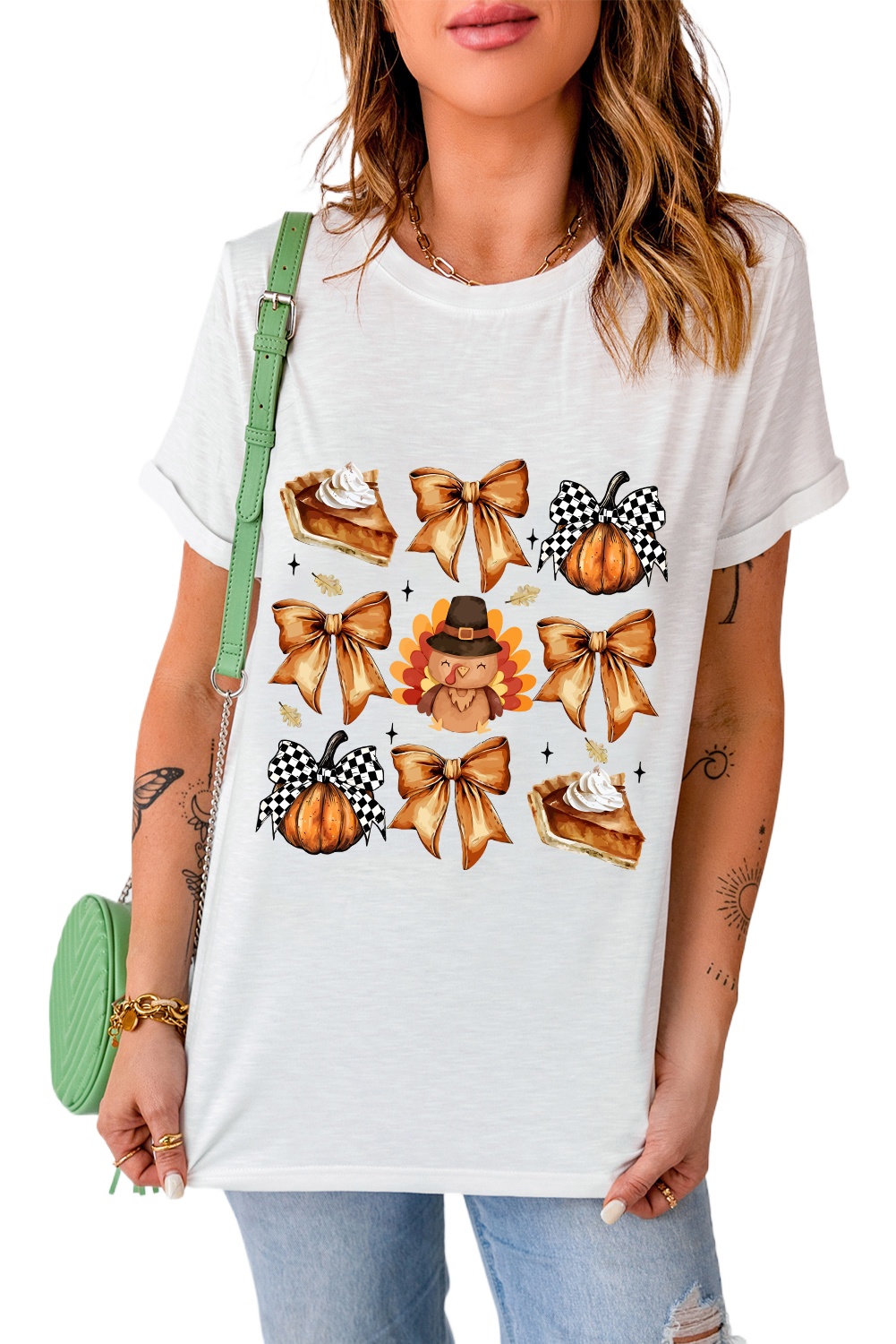 Women's White Cute Bowknot Thanksgiving Graphic Crewneck T-Shirt - Main View Women's White Cute Bowknot Thanksgiving Graphic Crewneck T-Shirt - Main View